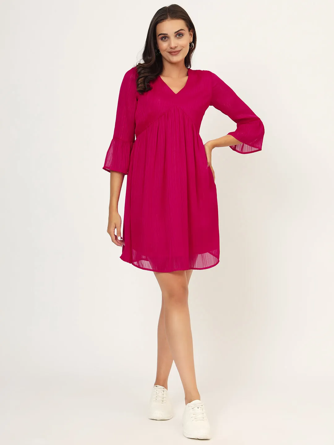 V Neck Flared Sleeve Empire Mini Dress