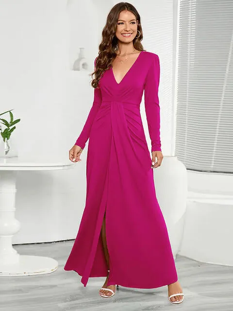 V-Neck Long Sleeve Slit Dress