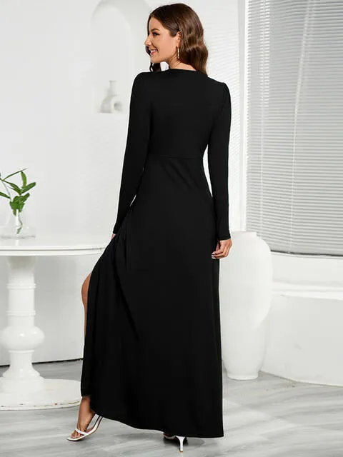 V-Neck Long Sleeve Slit Dress