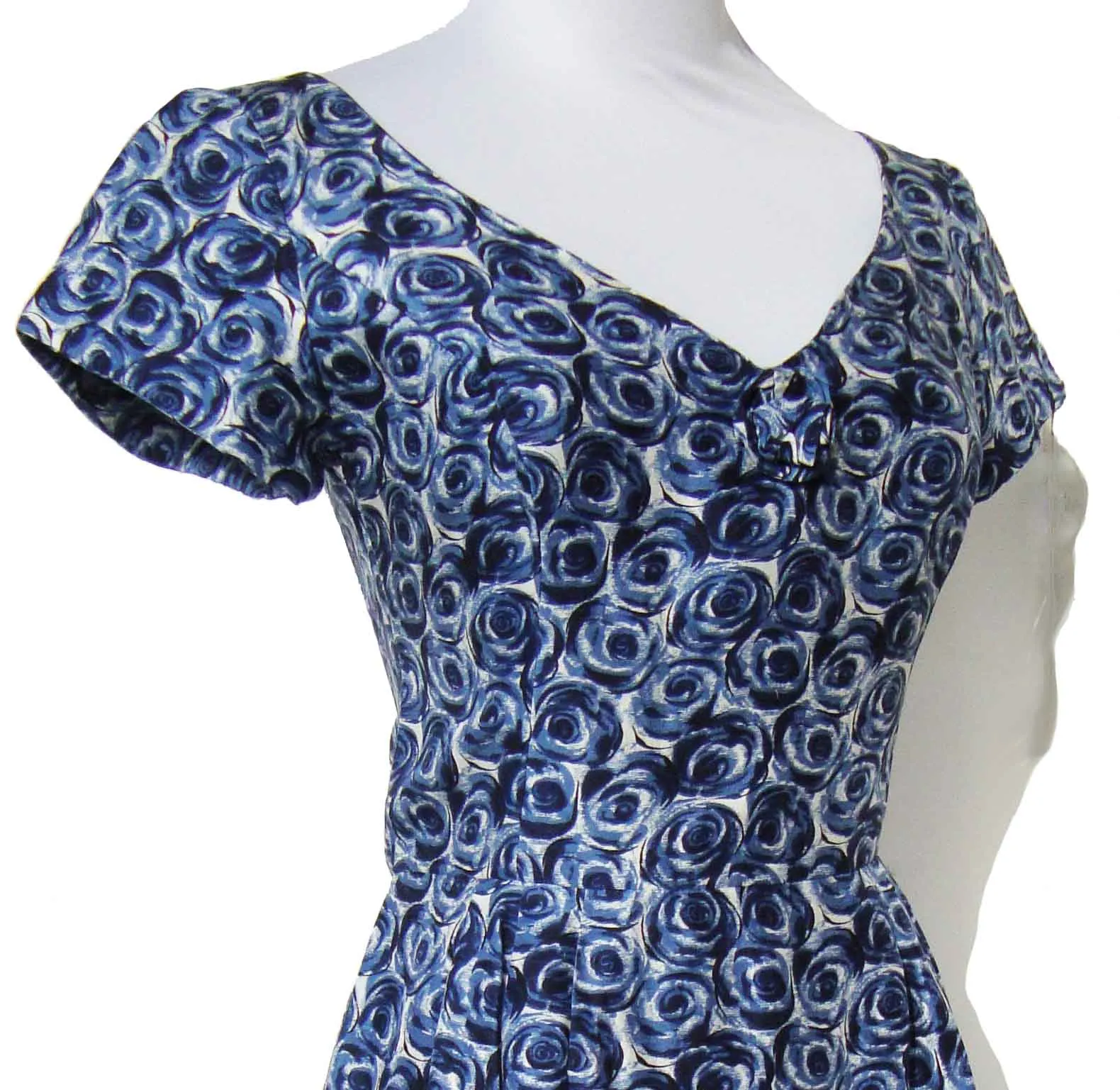 Vintage 60s Silk Dress Blue Rose Floral S XS