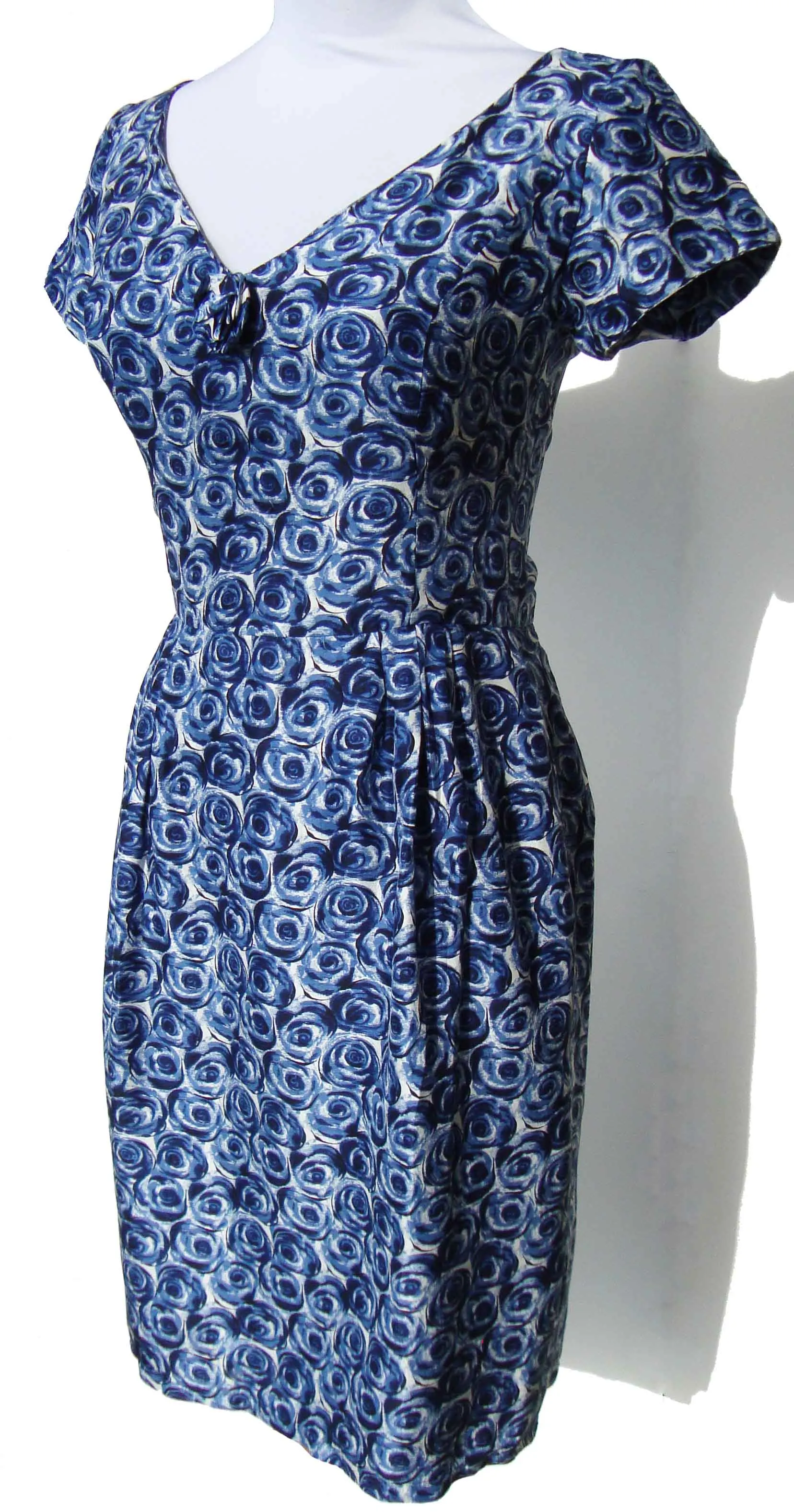 Vintage 60s Silk Dress Blue Rose Floral S XS