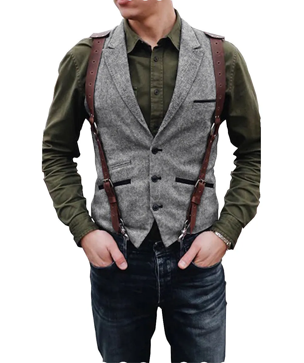 Vintage Classical Men's Retro Tweed Herringbone Notch Lapel Waistcoat