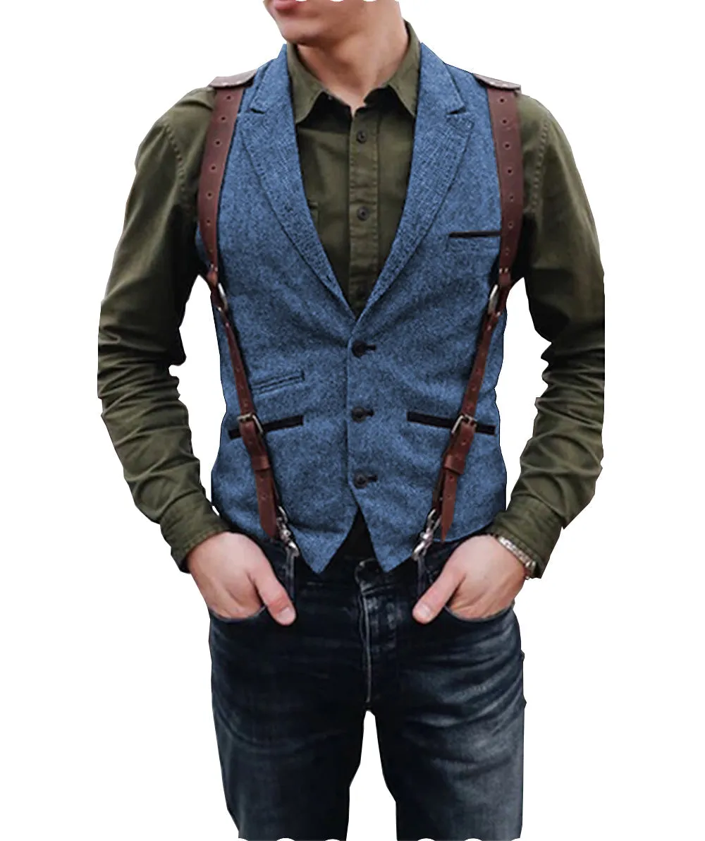 Vintage Classical Men's Retro Tweed Herringbone Notch Lapel Waistcoat