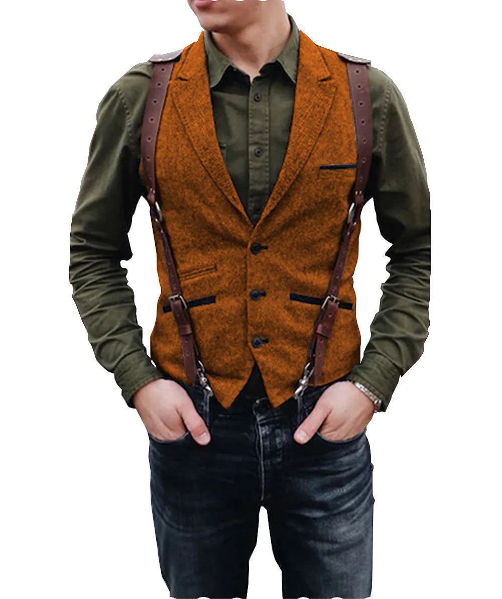 Vintage Classical Men's Retro Tweed Herringbone Notch Lapel Waistcoat