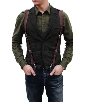 Vintage Classical Men's Retro Tweed Herringbone Notch Lapel Waistcoat