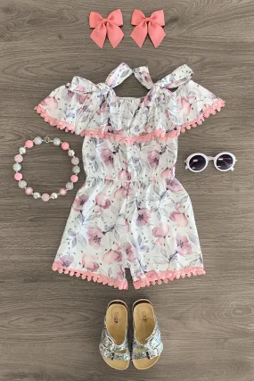 White & Pink Floral Tie Romper