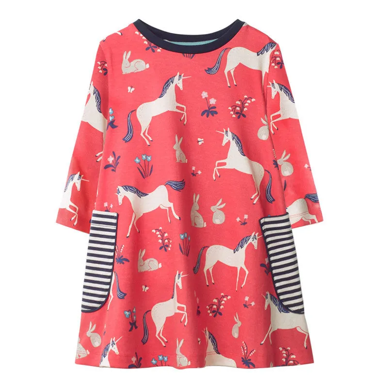 White Horses Print Dress, Size 18M-6Yrs