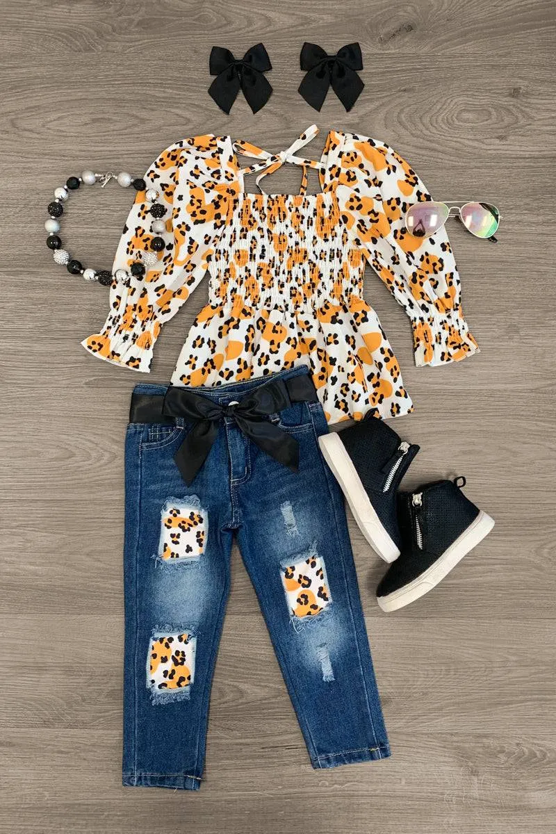 White Mustard Leopard Denim Pant Set