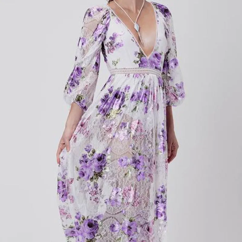 Wild Flower Foil Lace Maxi Dress Lavender - S - M