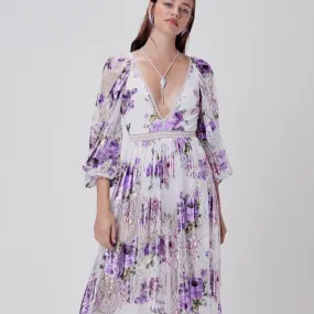 Wild Flower Foil Lace Maxi Dress Lavender - S - M