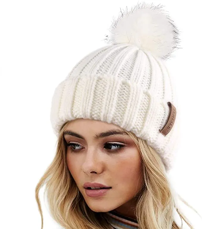 Winter Navy Blue Knit Pom Pom Faux Fur Beanie Hat