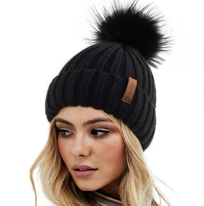 Winter Navy Blue Knit Pom Pom Faux Fur Beanie Hat