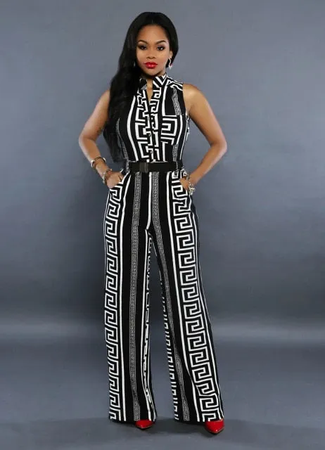 Women V-neck Geometric Print Sleeveless Jumpsuit