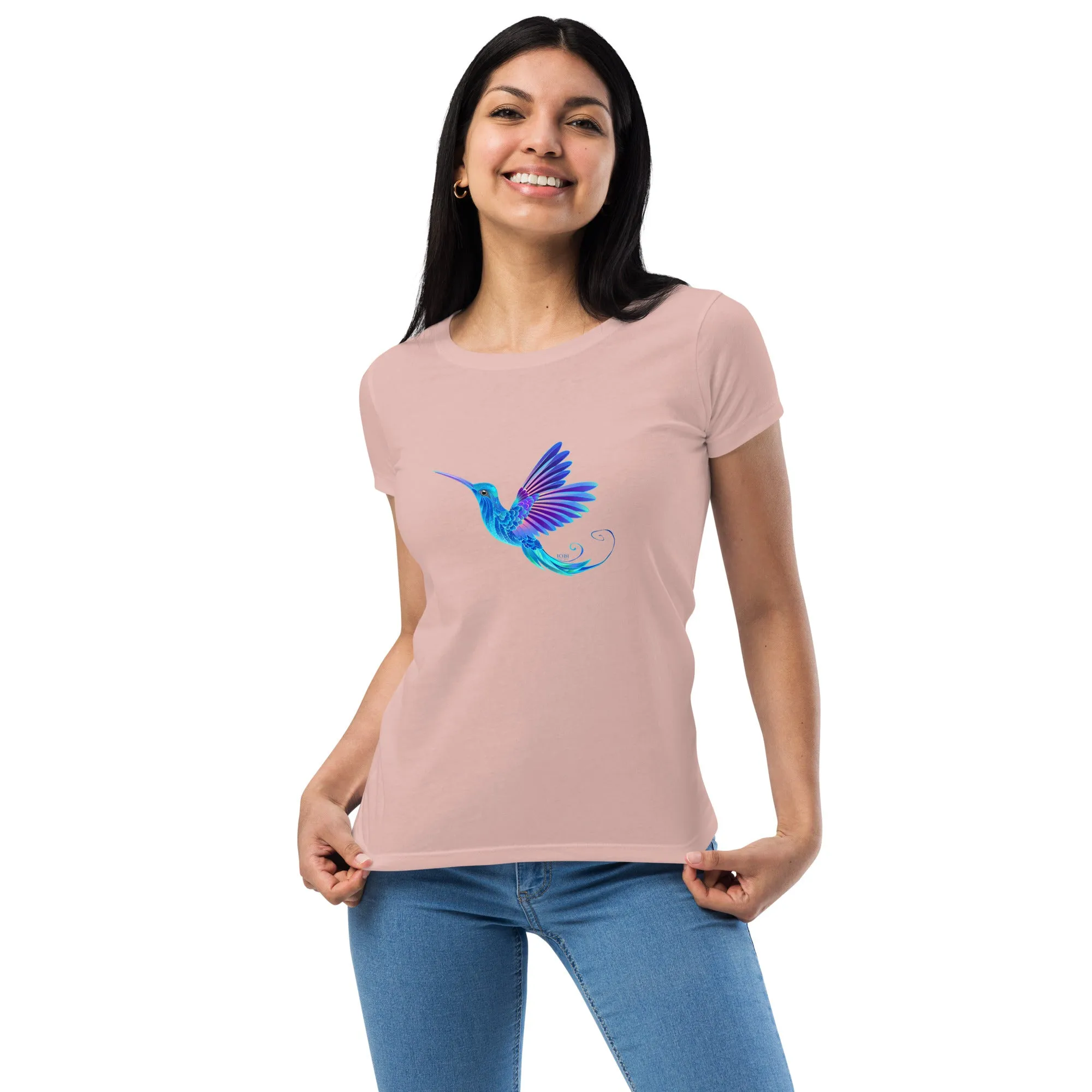 Women’s Fitted T-Shirt Super Soft & Stretchy Slim Fit Next Level Magical Blue Hummingbird  Design by IOBI Original Apparel