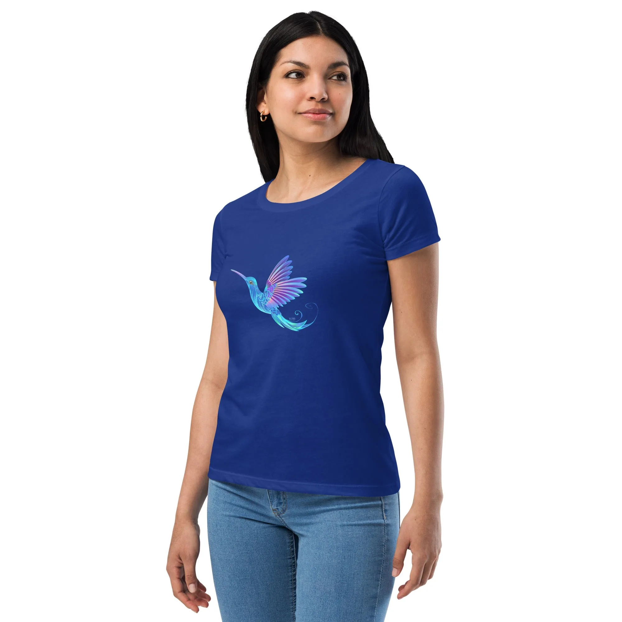 Women’s Fitted T-Shirt Super Soft & Stretchy Slim Fit Next Level Magical Blue Hummingbird  Design by IOBI Original Apparel