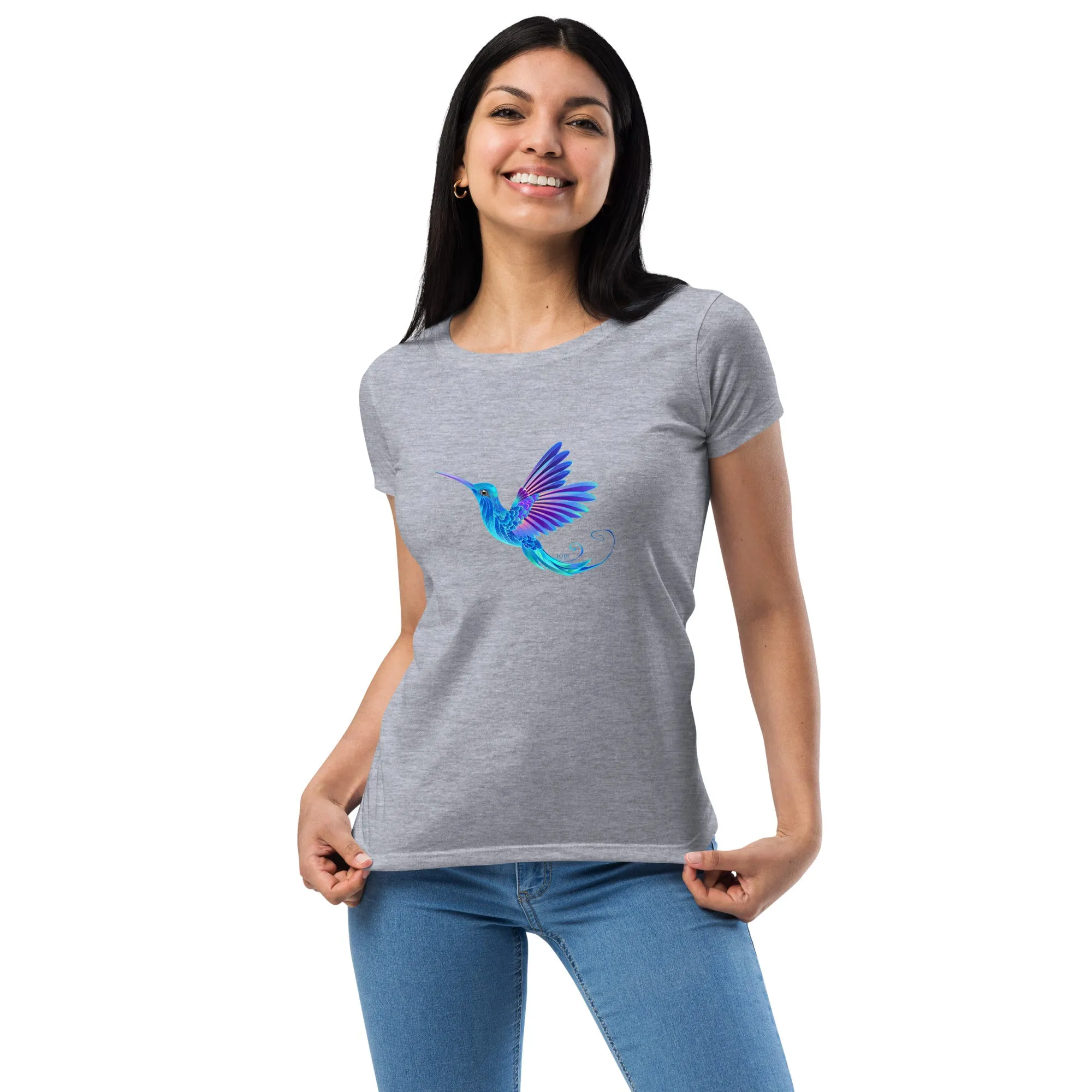 Women’s Fitted T-Shirt Super Soft & Stretchy Slim Fit Next Level Magical Blue Hummingbird  Design by IOBI Original Apparel