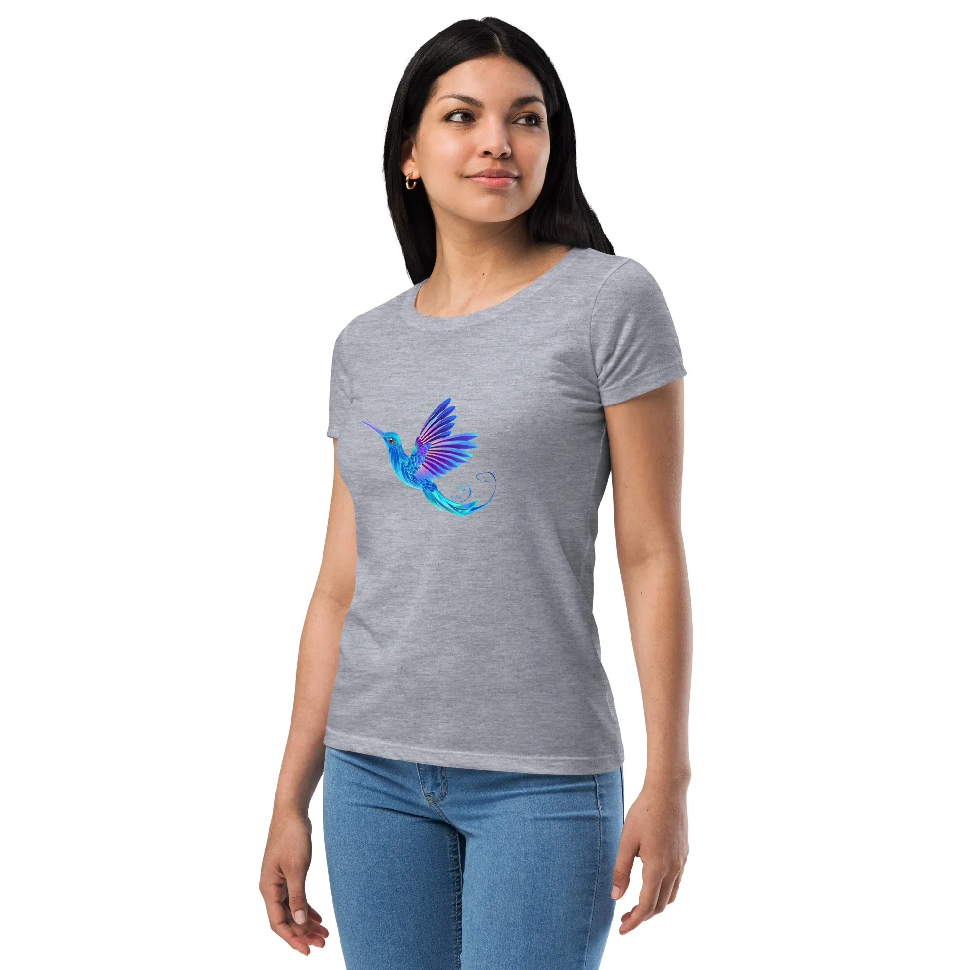 Women’s Fitted T-Shirt Super Soft & Stretchy Slim Fit Next Level Magical Blue Hummingbird  Design by IOBI Original Apparel