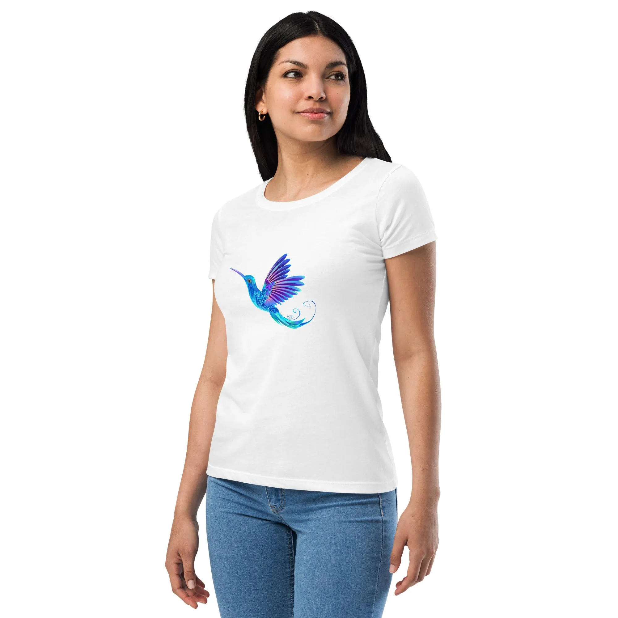 Women’s Fitted T-Shirt Super Soft & Stretchy Slim Fit Next Level Magical Blue Hummingbird  Design by IOBI Original Apparel