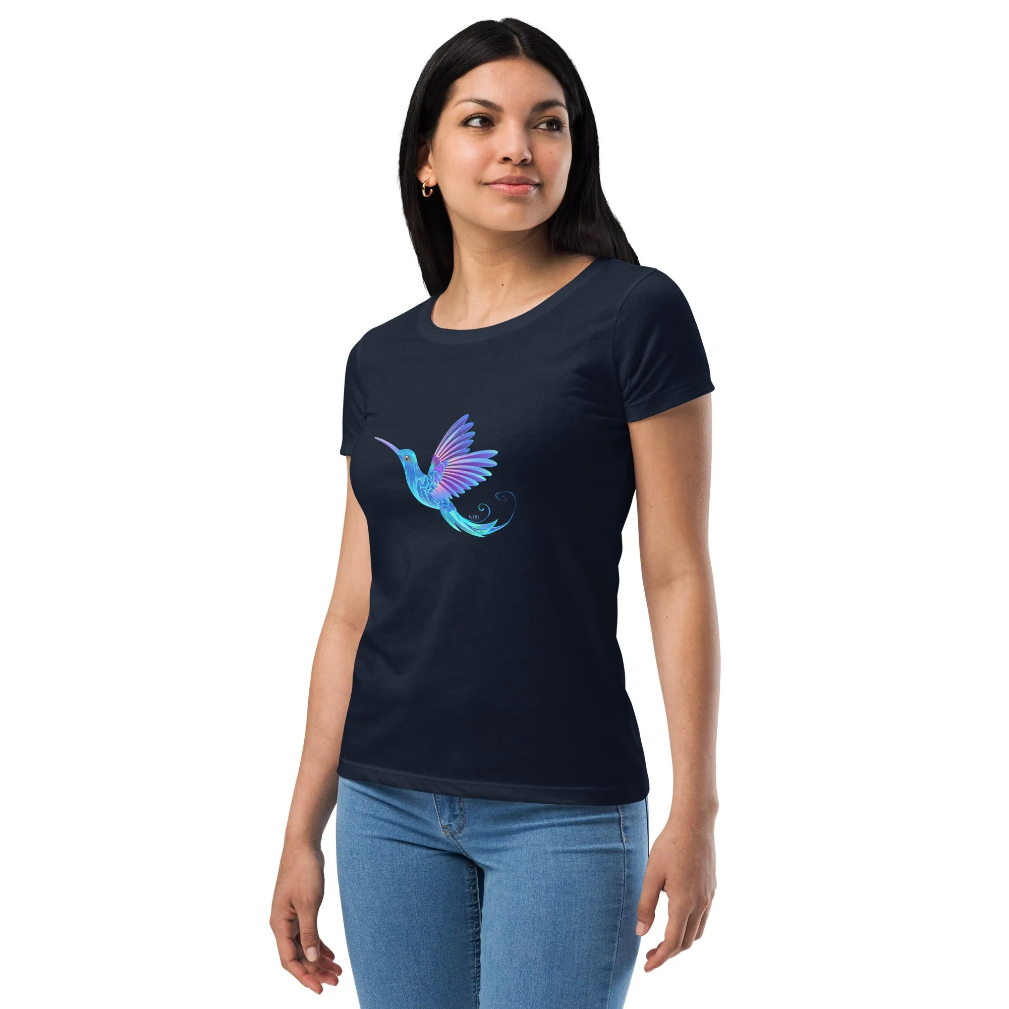 Women’s Fitted T-Shirt Super Soft & Stretchy Slim Fit Next Level Magical Blue Hummingbird  Design by IOBI Original Apparel