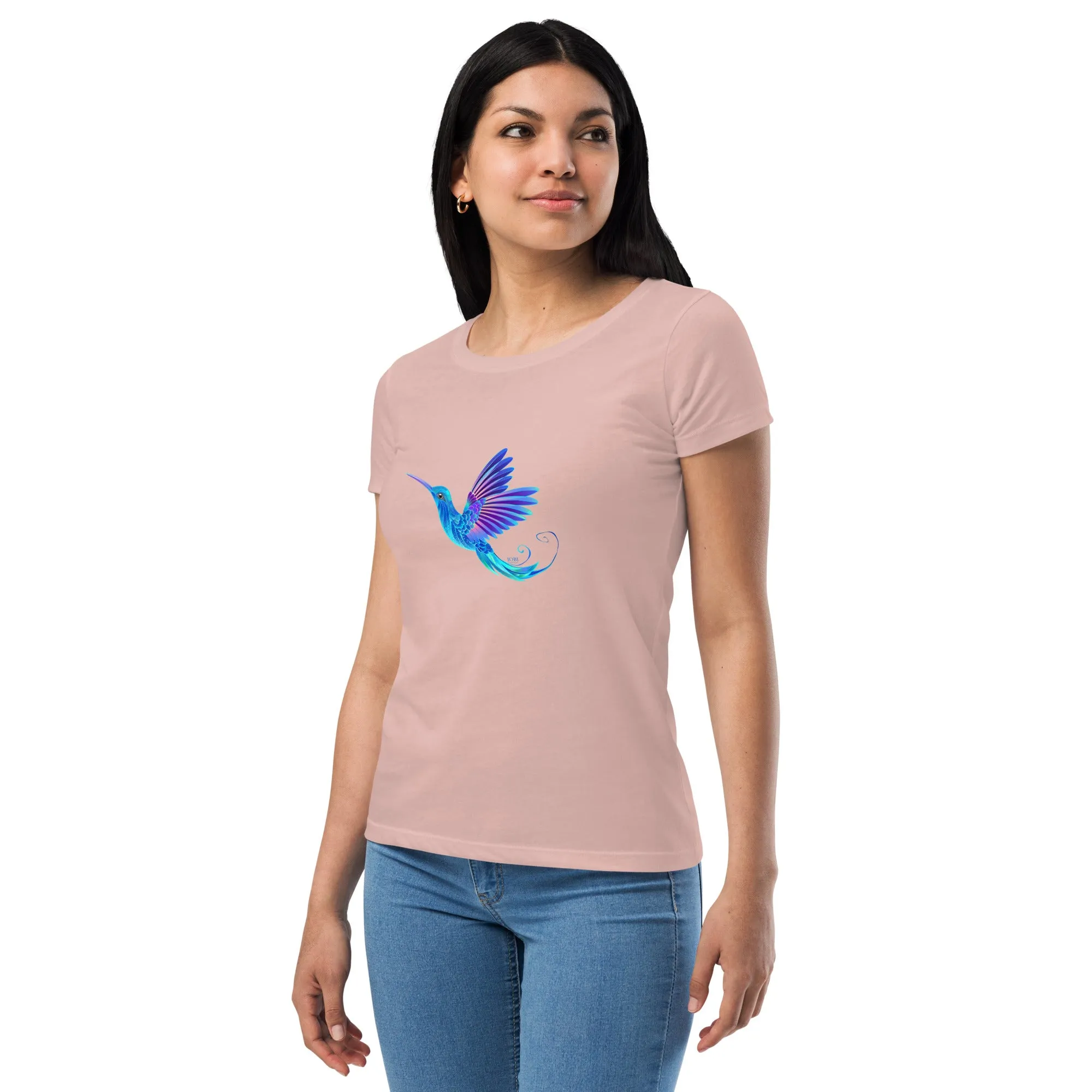 Women’s Fitted T-Shirt Super Soft & Stretchy Slim Fit Next Level Magical Blue Hummingbird  Design by IOBI Original Apparel