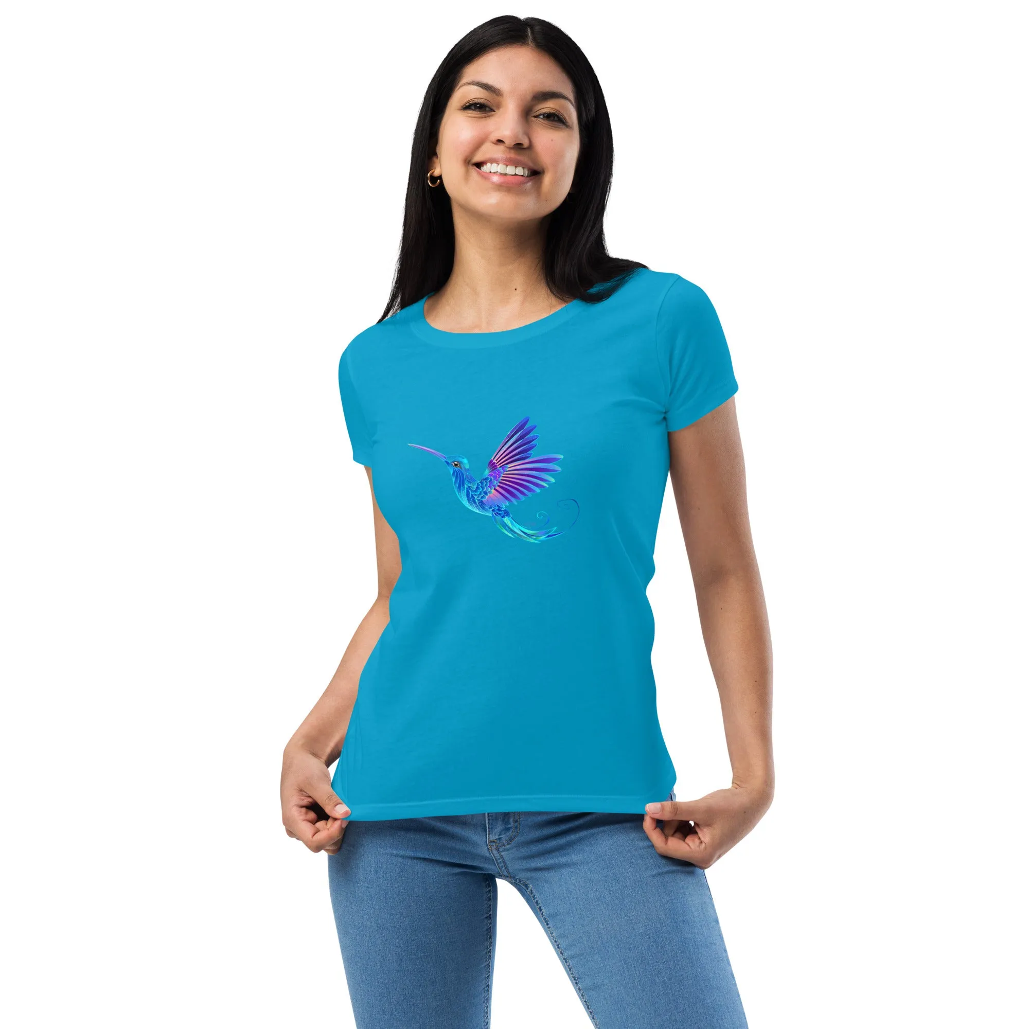 Women’s Fitted T-Shirt Super Soft & Stretchy Slim Fit Next Level Magical Blue Hummingbird  Design by IOBI Original Apparel