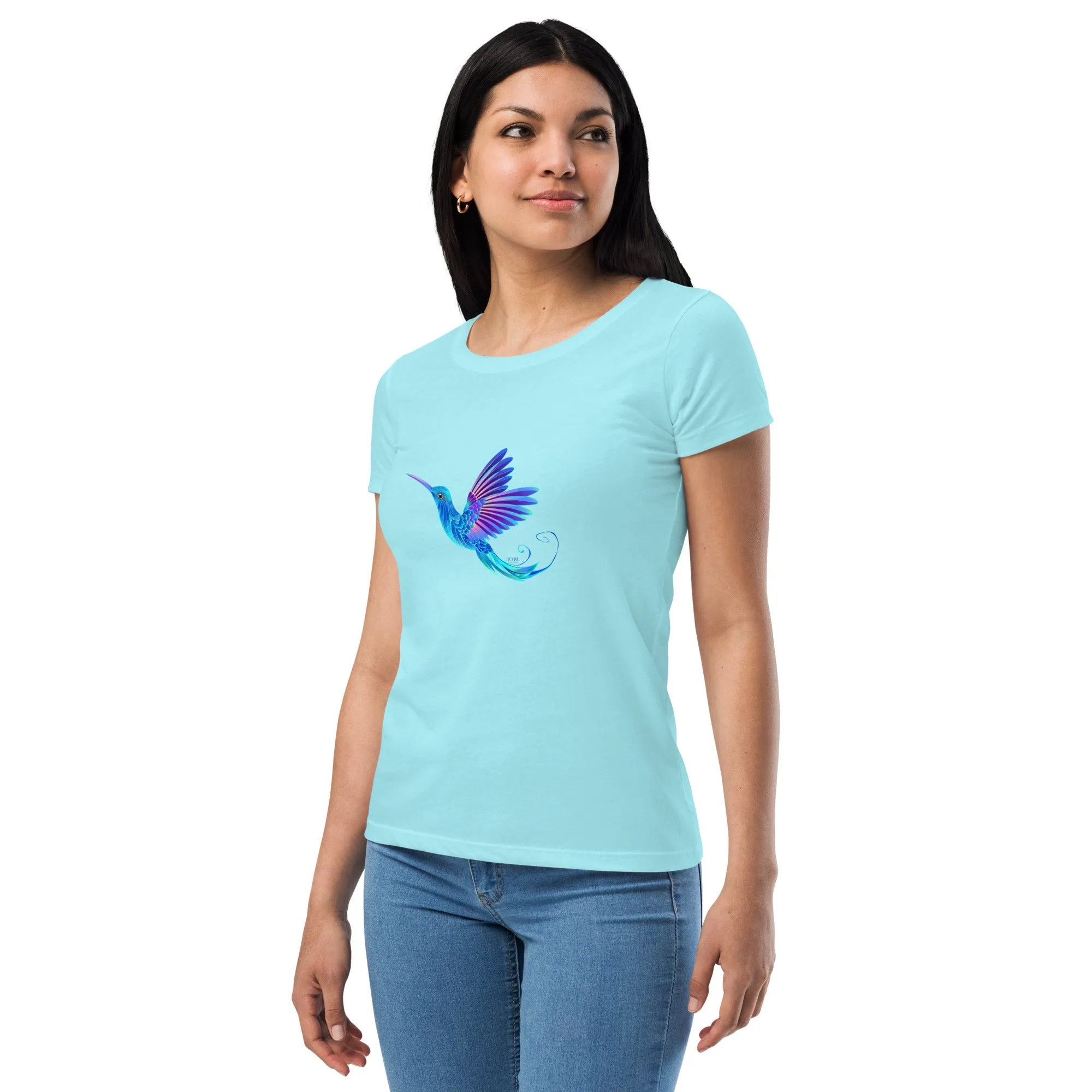 Women’s Fitted T-Shirt Super Soft & Stretchy Slim Fit Next Level Magical Blue Hummingbird  Design by IOBI Original Apparel