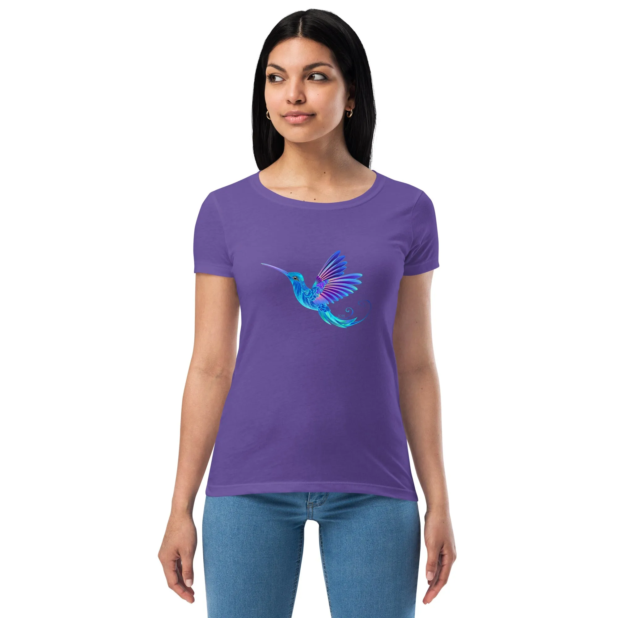 Women’s Fitted T-Shirt Super Soft & Stretchy Slim Fit Next Level Magical Blue Hummingbird  Design by IOBI Original Apparel