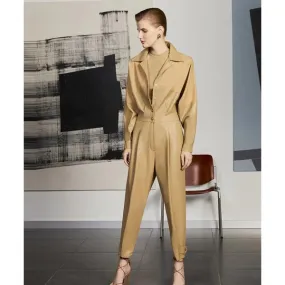 Women's Light Brown Leather Jumpsuit