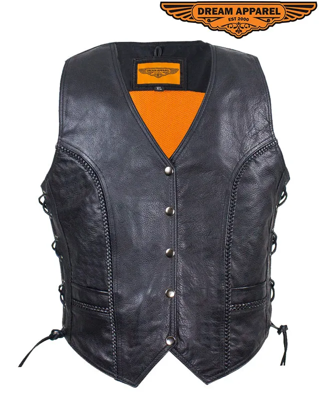 Womens Longer Motorcycle Vest With Braid