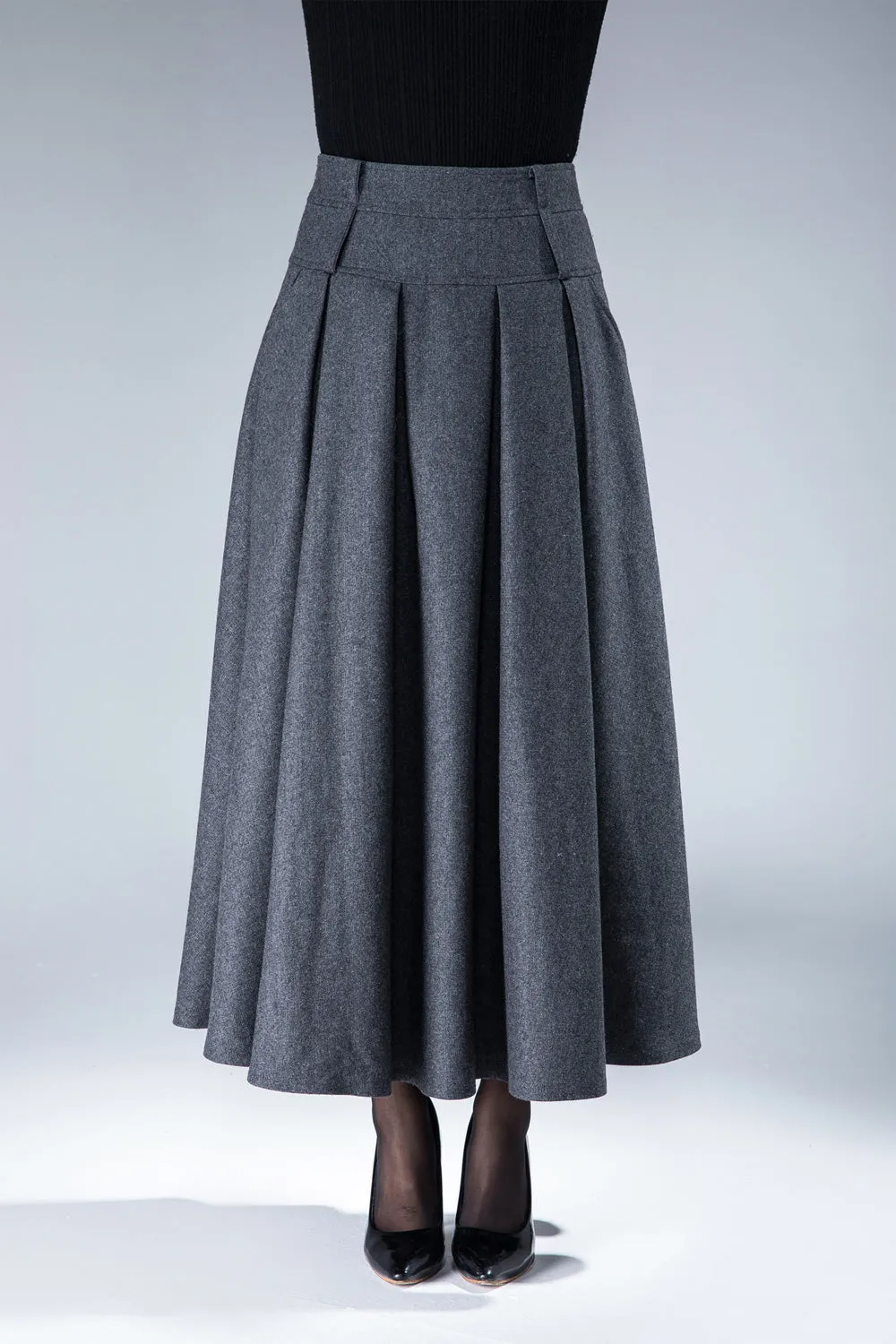 women's vintage pleat maxi wool skirt for winter in grey 1857#