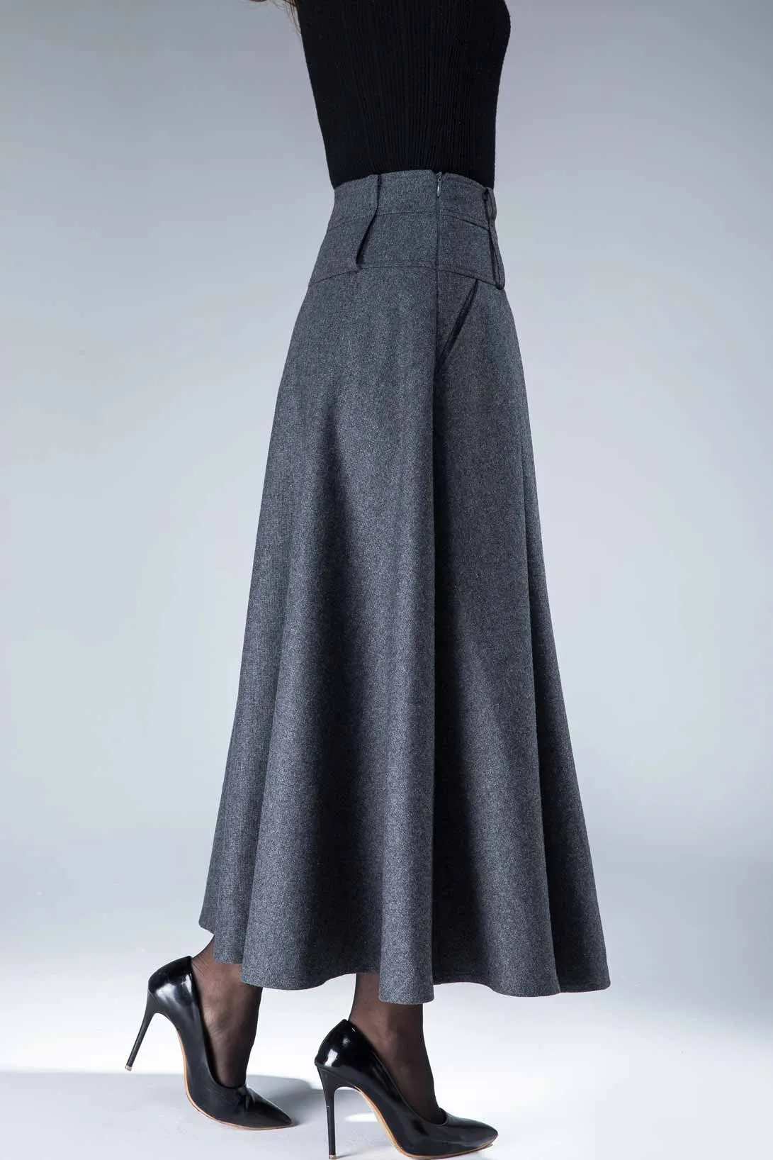 women's vintage pleat maxi wool skirt for winter in grey 1857#