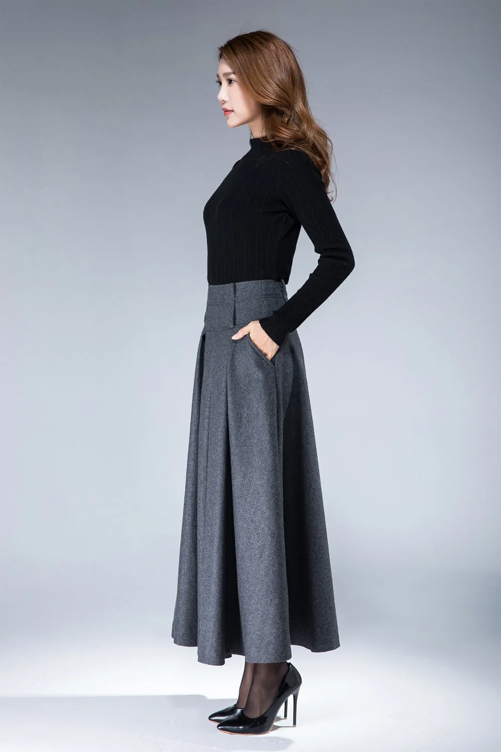 women's vintage pleat maxi wool skirt for winter in grey 1857#