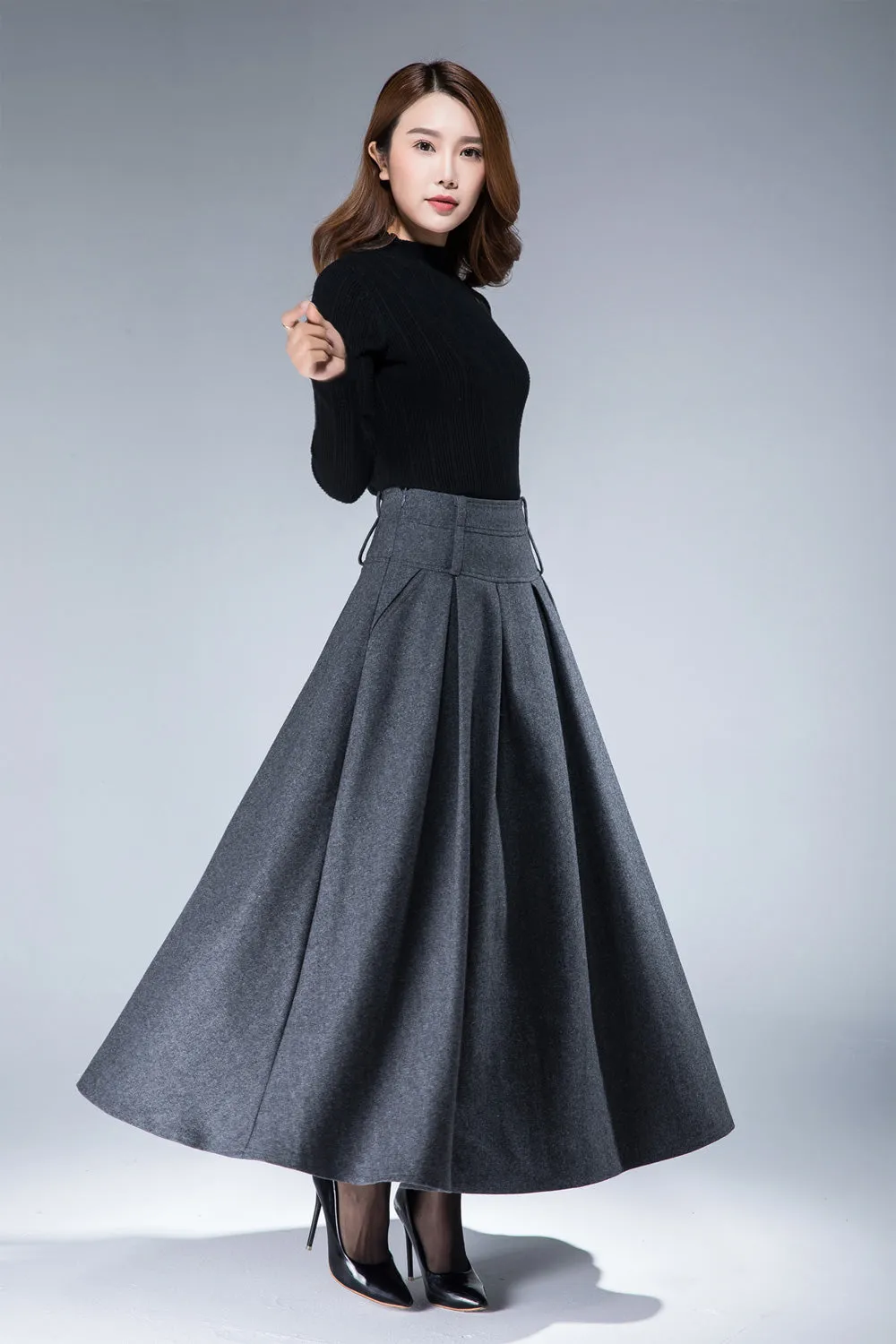 women's vintage pleat maxi wool skirt for winter in grey 1857#