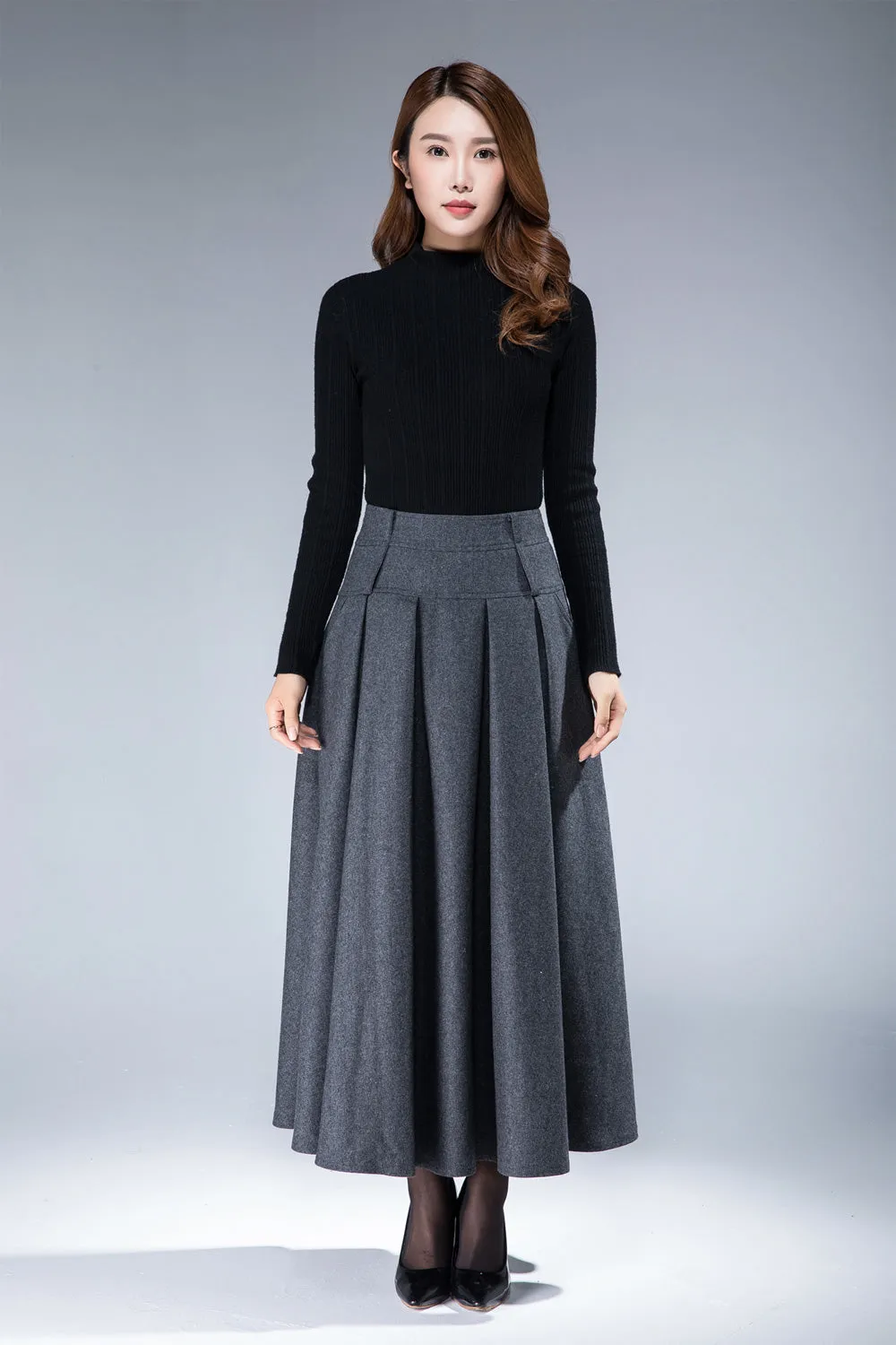 women's vintage pleat maxi wool skirt for winter in grey 1857#