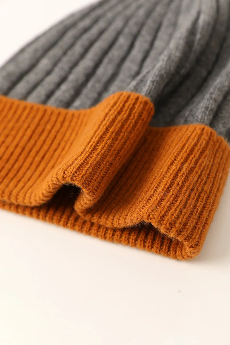 Wool-Cashmere Colorblock Ribbed Knit Beanie Hat