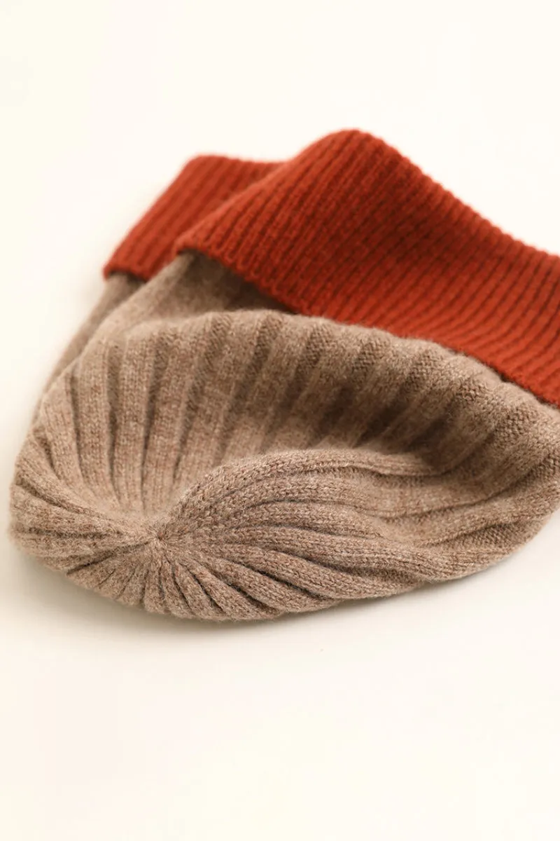 Wool-Cashmere Colorblock Ribbed Knit Beanie Hat