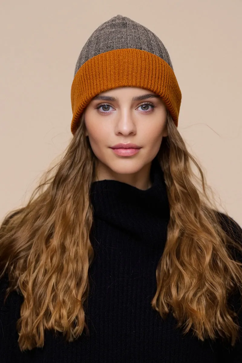 Wool-Cashmere Colorblock Ribbed Knit Beanie Hat