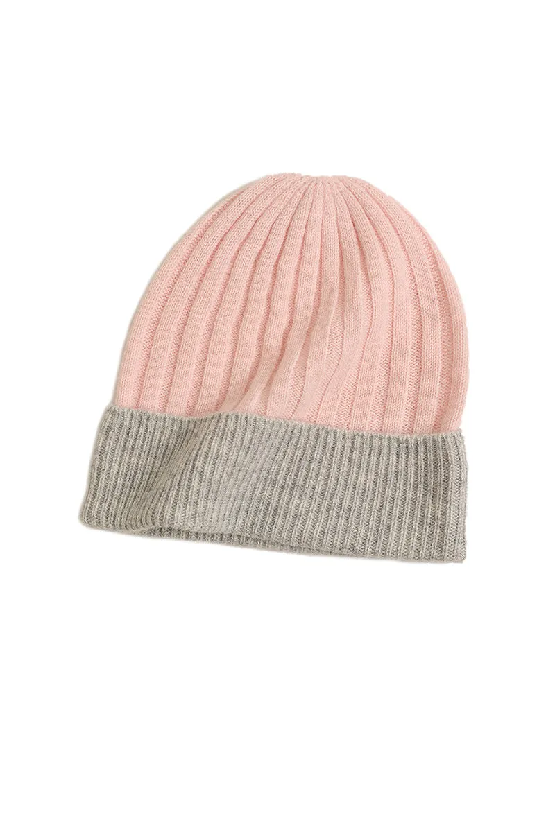 Wool-Cashmere Colorblock Ribbed Knit Beanie Hat