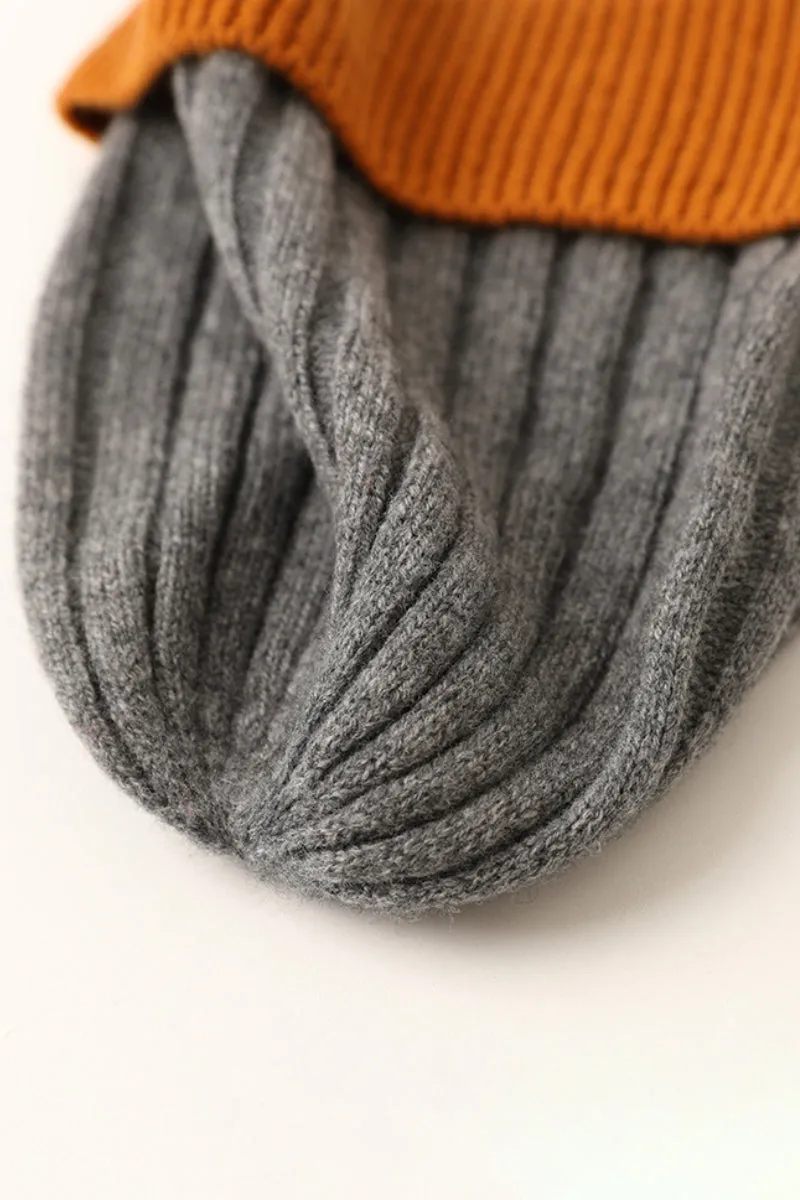 Wool-Cashmere Colorblock Ribbed Knit Beanie Hat