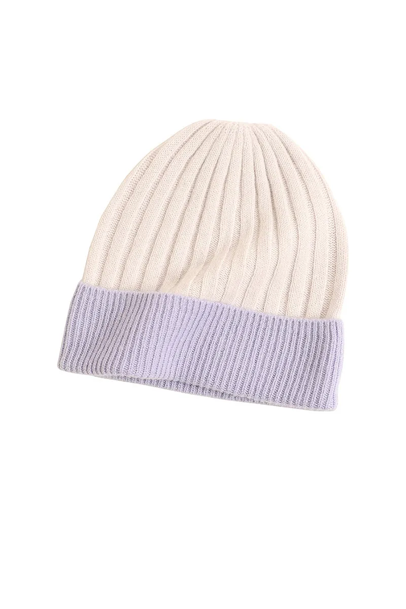 Wool-Cashmere Colorblock Ribbed Knit Beanie Hat