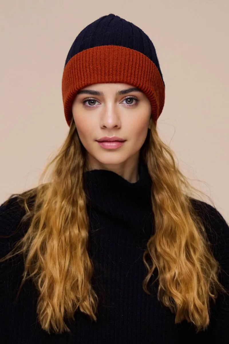 Wool-Cashmere Colorblock Ribbed Knit Beanie Hat