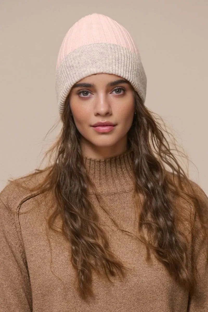 Wool-Cashmere Colorblock Ribbed Knit Beanie Hat