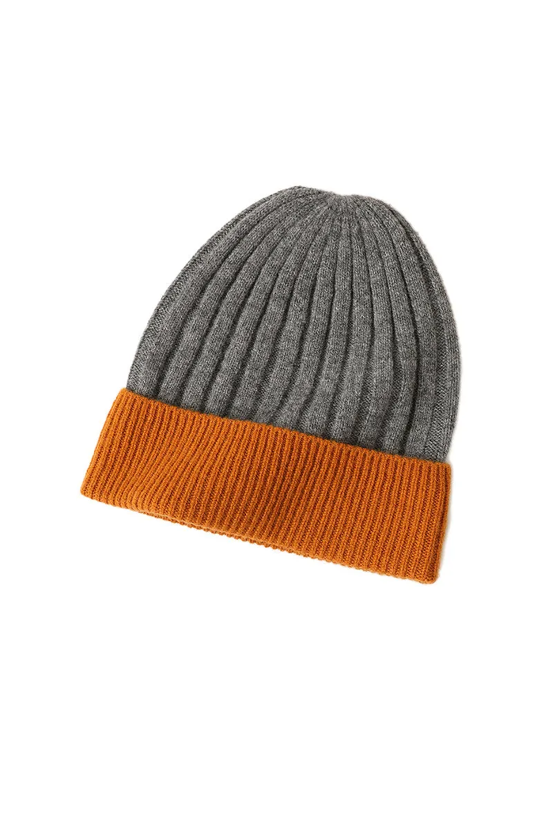 Wool-Cashmere Colorblock Ribbed Knit Beanie Hat