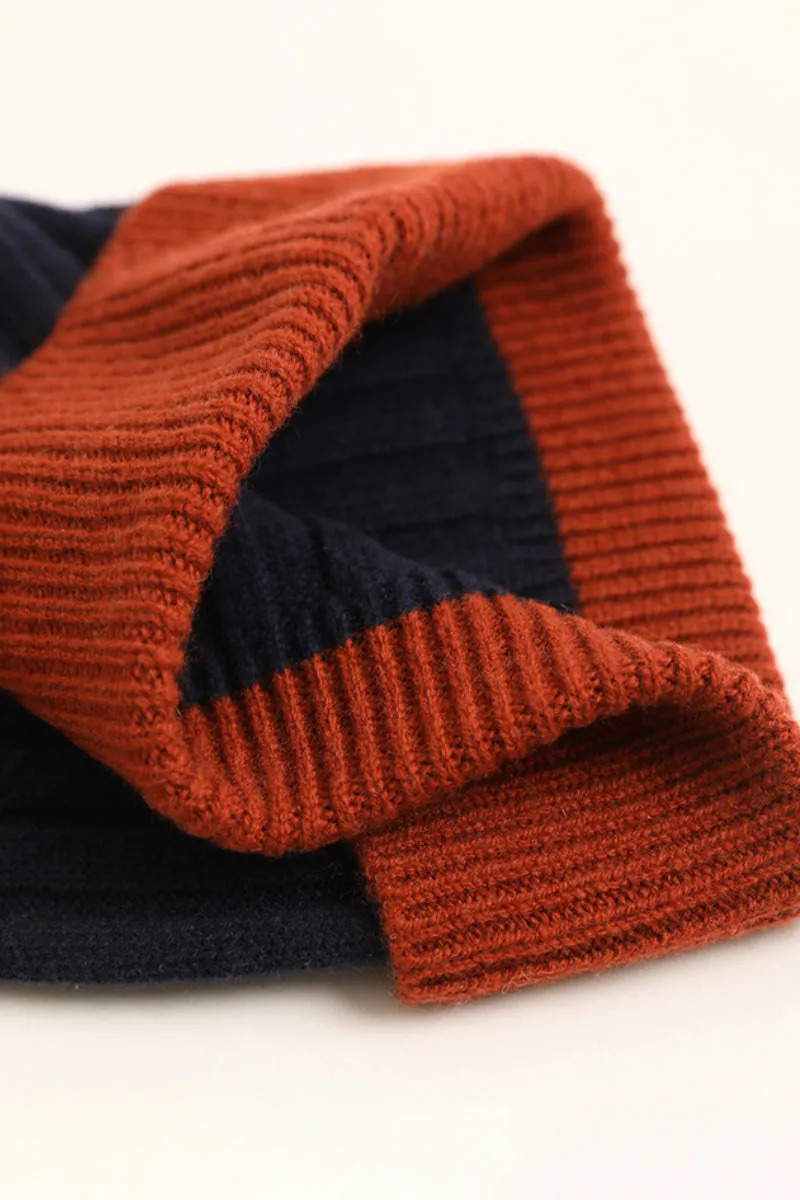 Wool-Cashmere Colorblock Ribbed Knit Beanie Hat