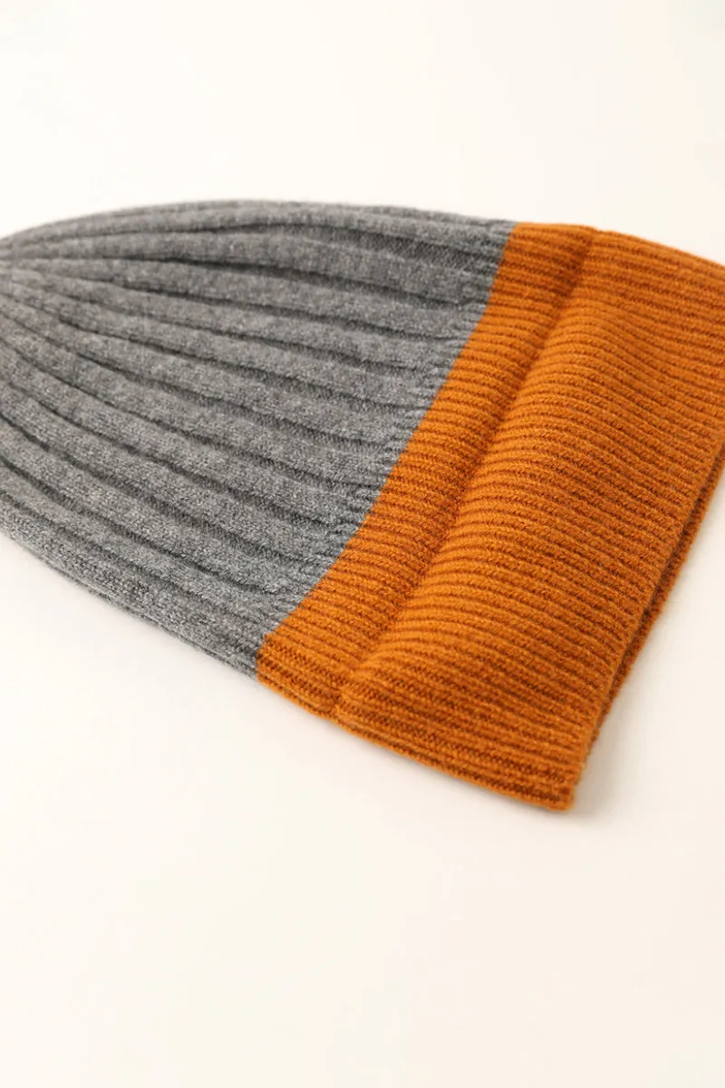 Wool-Cashmere Colorblock Ribbed Knit Beanie Hat