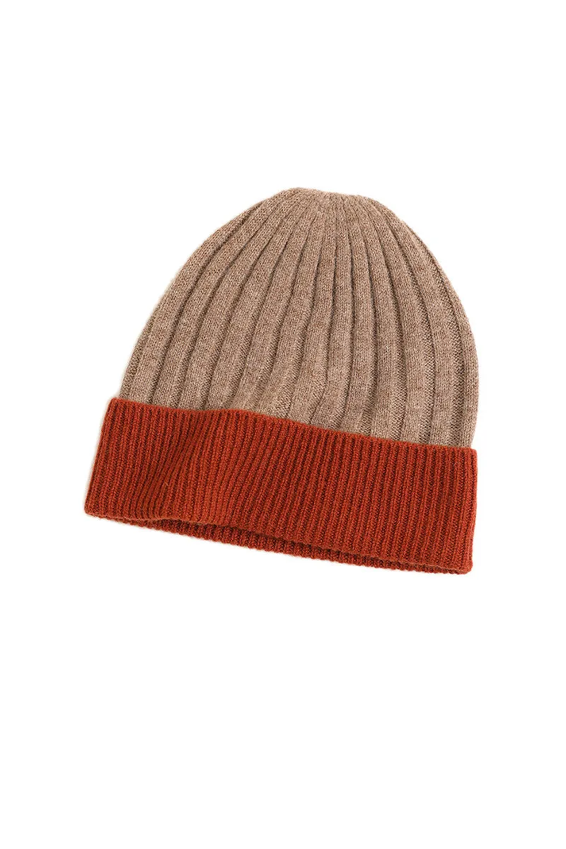 Wool-Cashmere Colorblock Ribbed Knit Beanie Hat