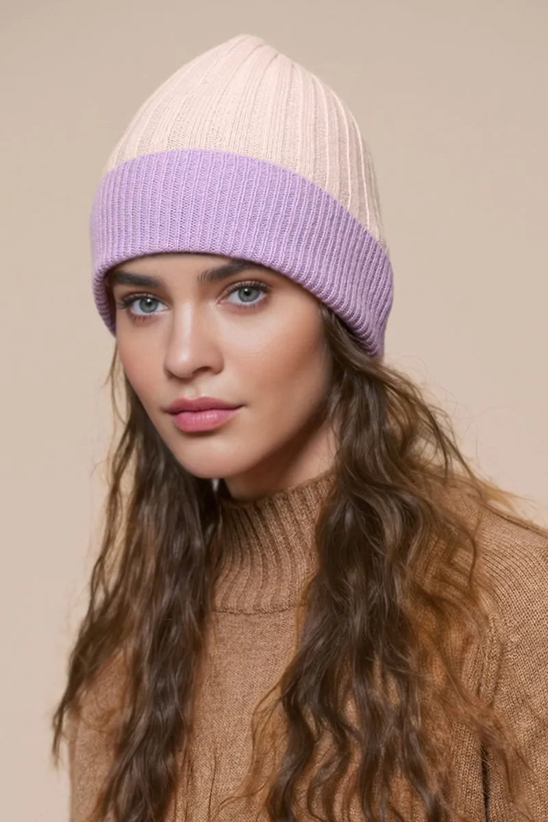 Wool-Cashmere Colorblock Ribbed Knit Beanie Hat