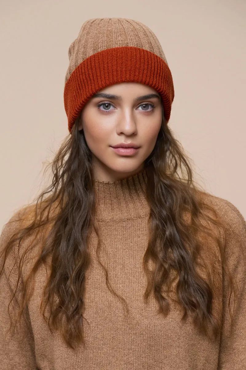 Wool-Cashmere Colorblock Ribbed Knit Beanie Hat