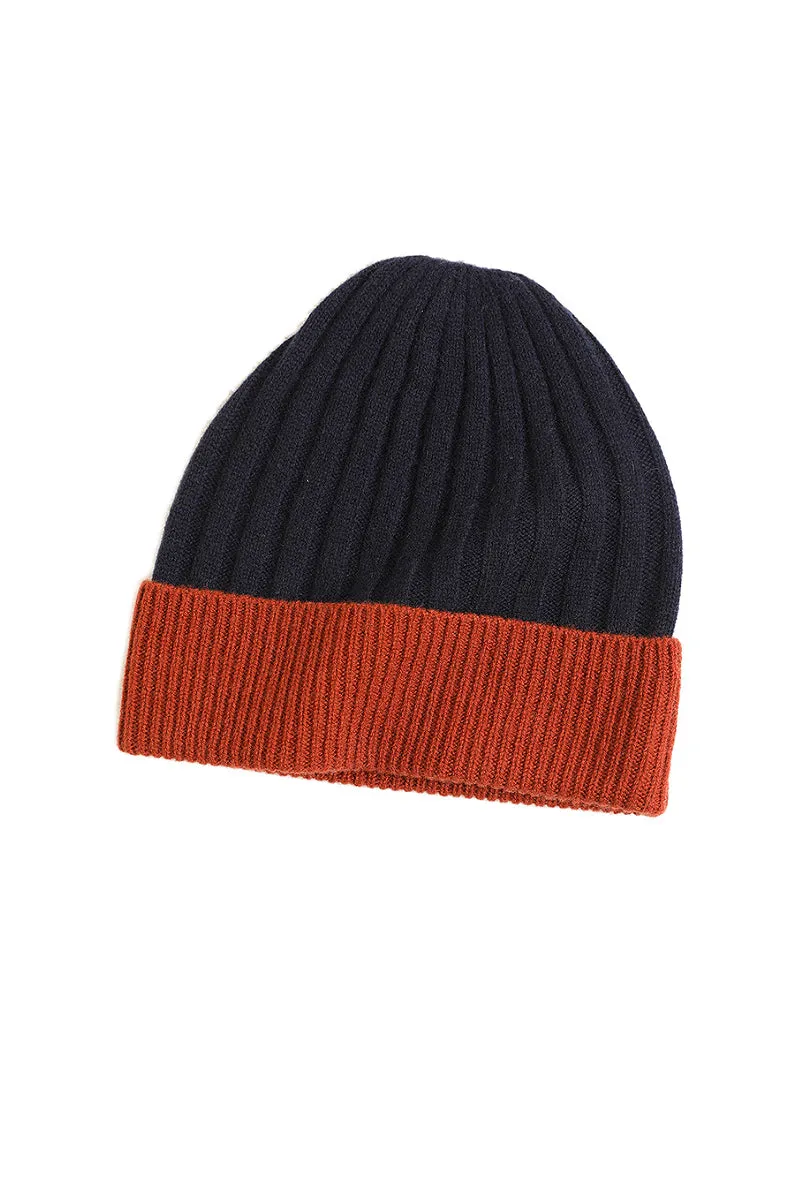 Wool-Cashmere Colorblock Ribbed Knit Beanie Hat