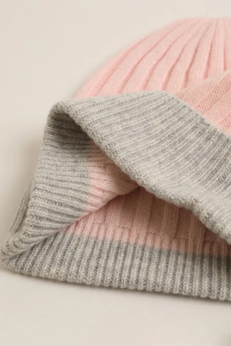 Wool-Cashmere Colorblock Ribbed Knit Beanie Hat